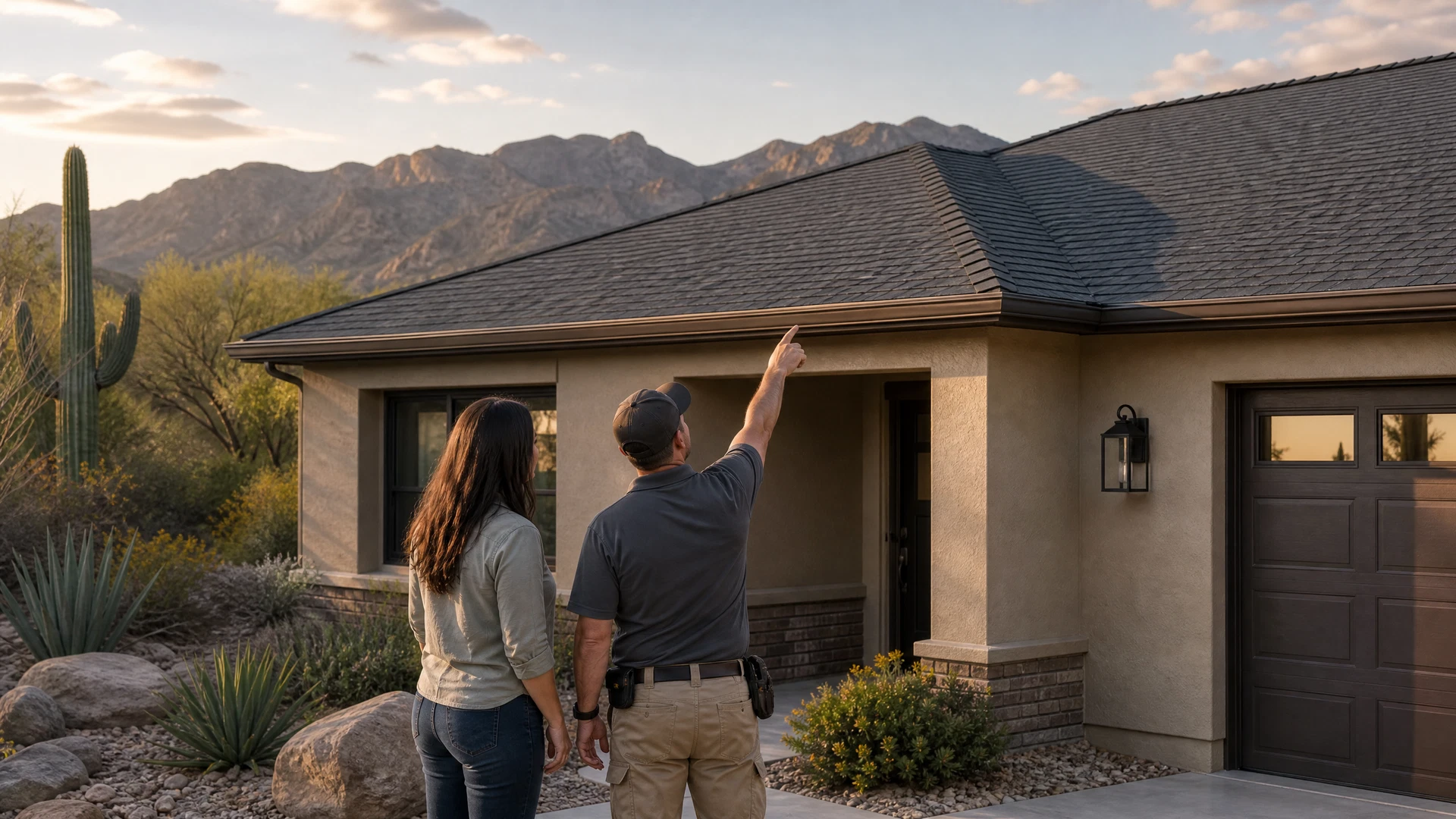 Conceptual homeowner and inspector reviewing an asphalt shingle roofline