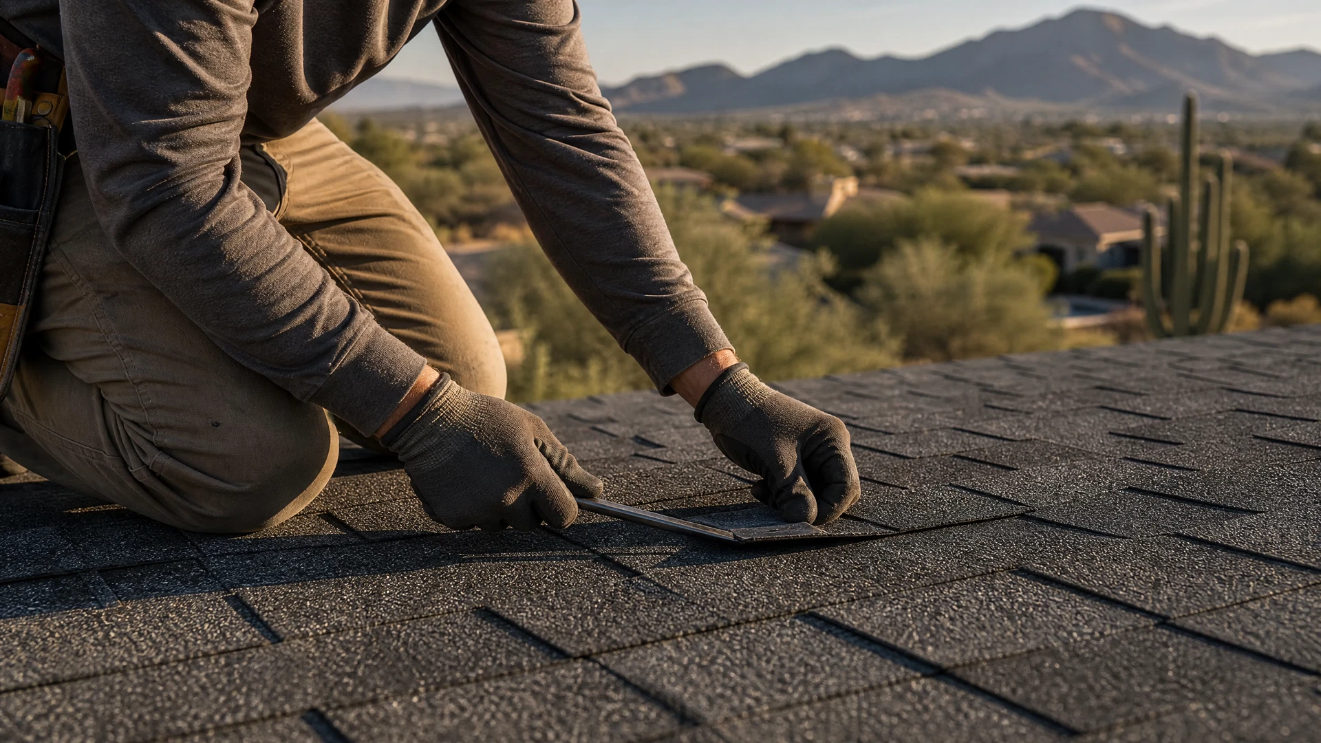 Conceptual roofer making a targeted repair to an asphalt shingle roof