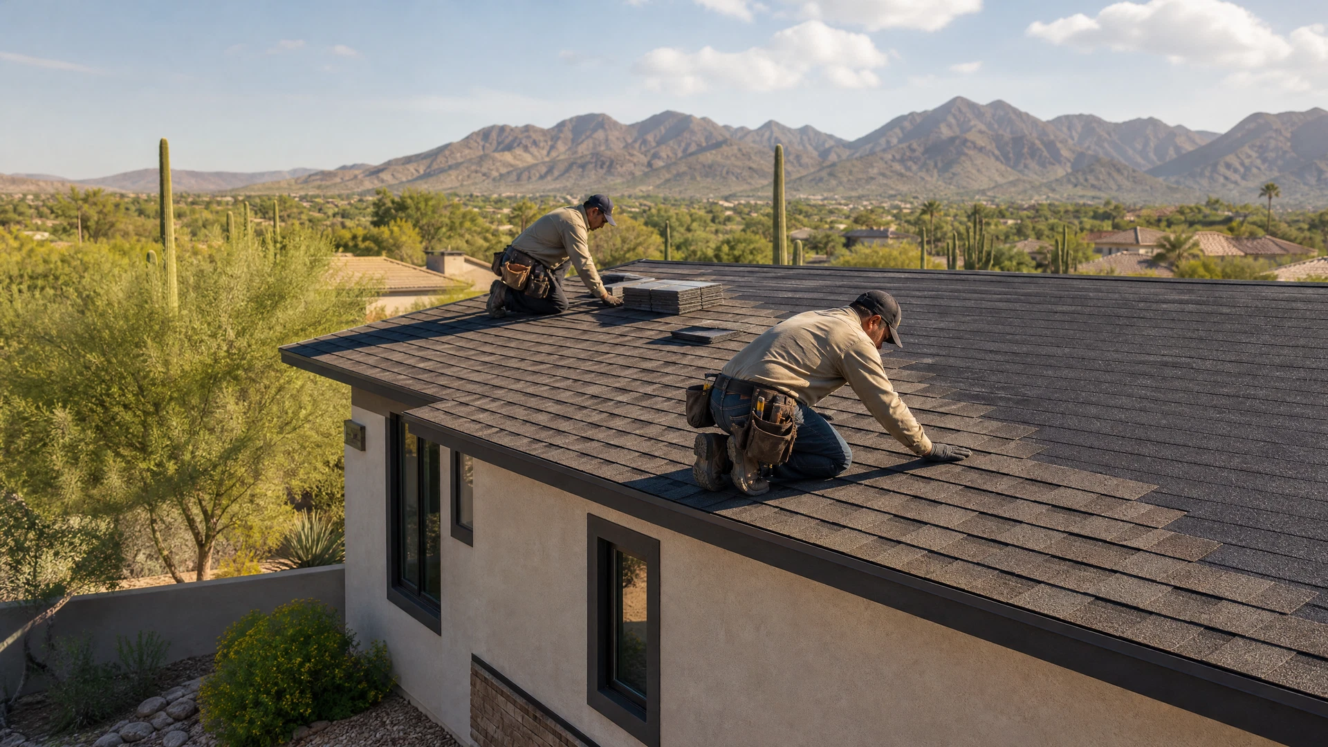 Conceptual crew installing fresh asphalt shingles on a Tucson-area home